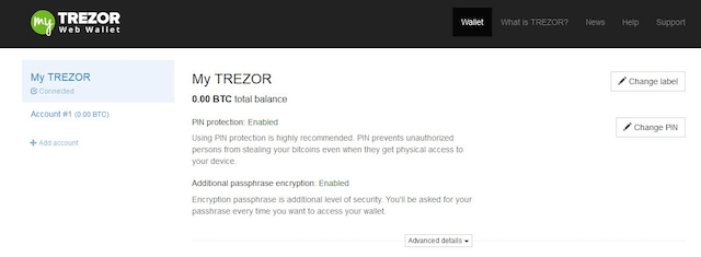 Transaktionsbereich der Trezor One Web Wallet
