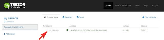 Transaktion in der Trezor One Web Wallet zunächst unbestätigt